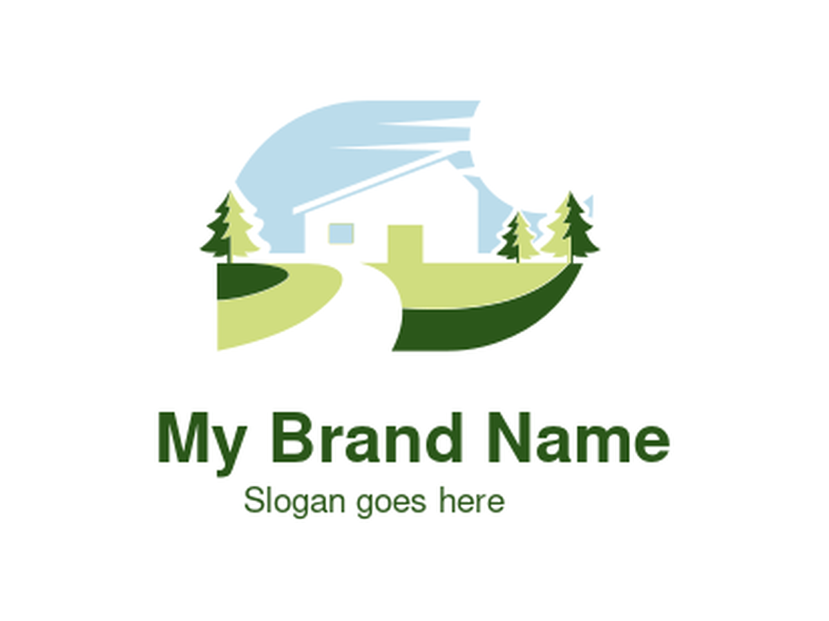 Serene Blue and Green House with Trees and Pathway Logo Design for Eco-Friendly Real Estate and Sustainable Home Development